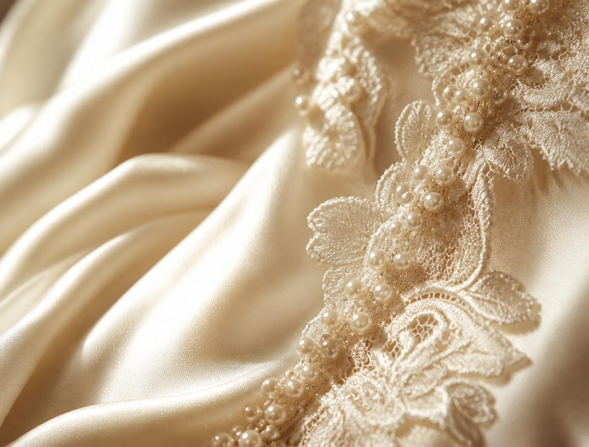 Ivory silk, pearls and lace appliqué detail