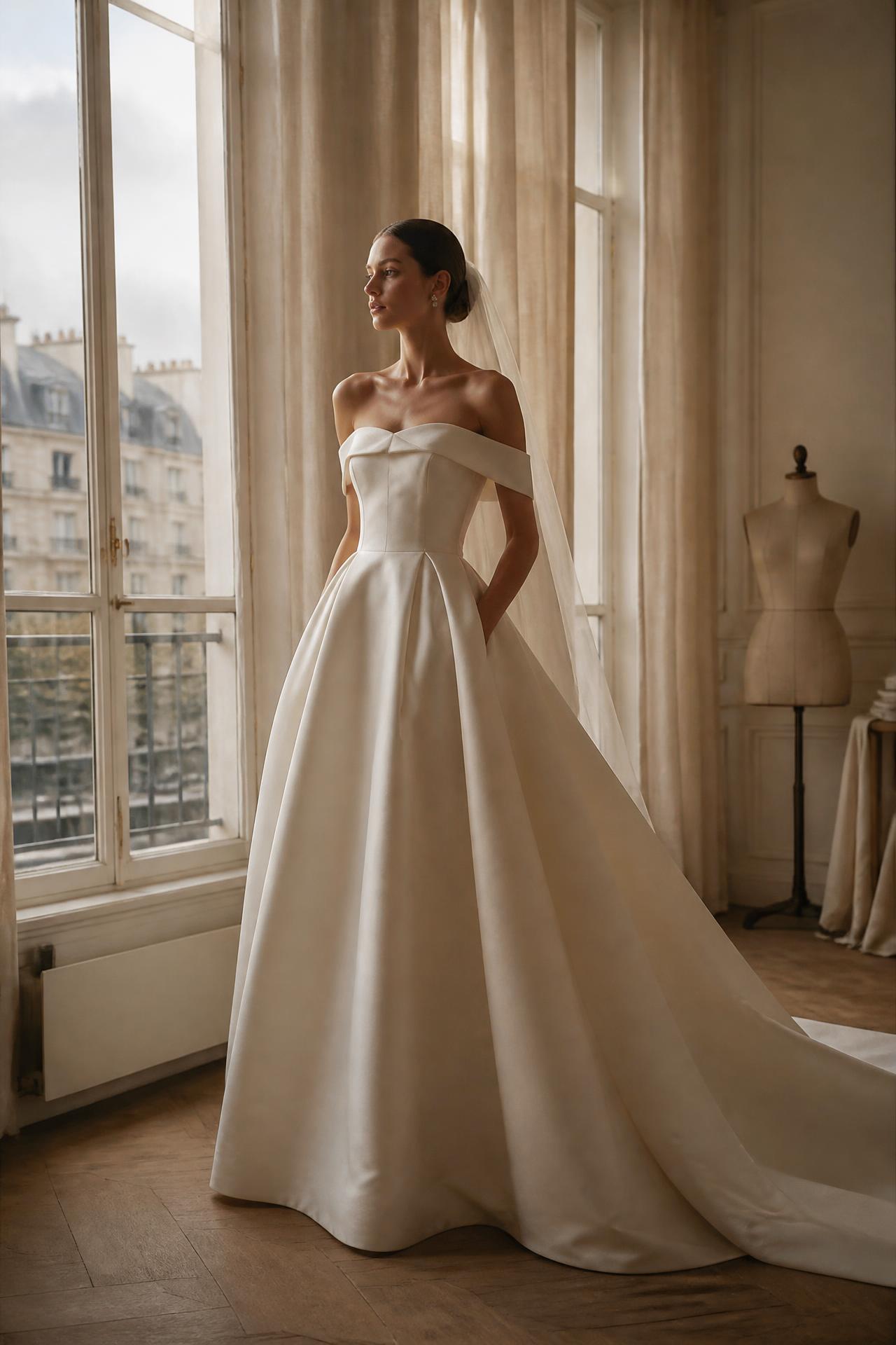 Bride wearing an ivory made-to-measure Dilwien Bridal wedding dress with a long train